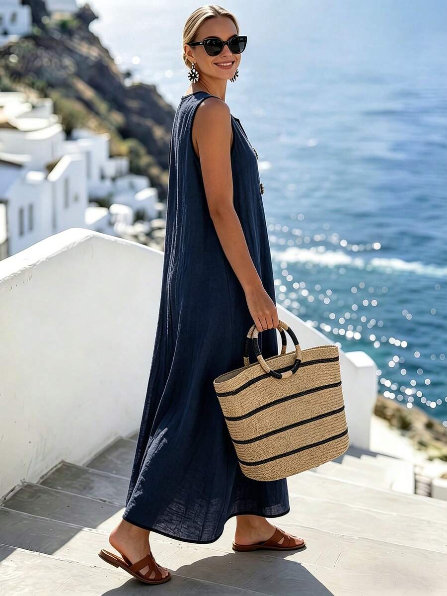 Vestido Longo Boho Sem Mangas com Decote V e Recorte Contrastante - La Lecce