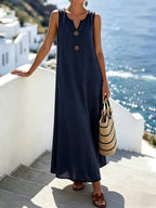 Vestido Longo Boho Sem Mangas com Decote V e Recorte Contrastante - La Lecce