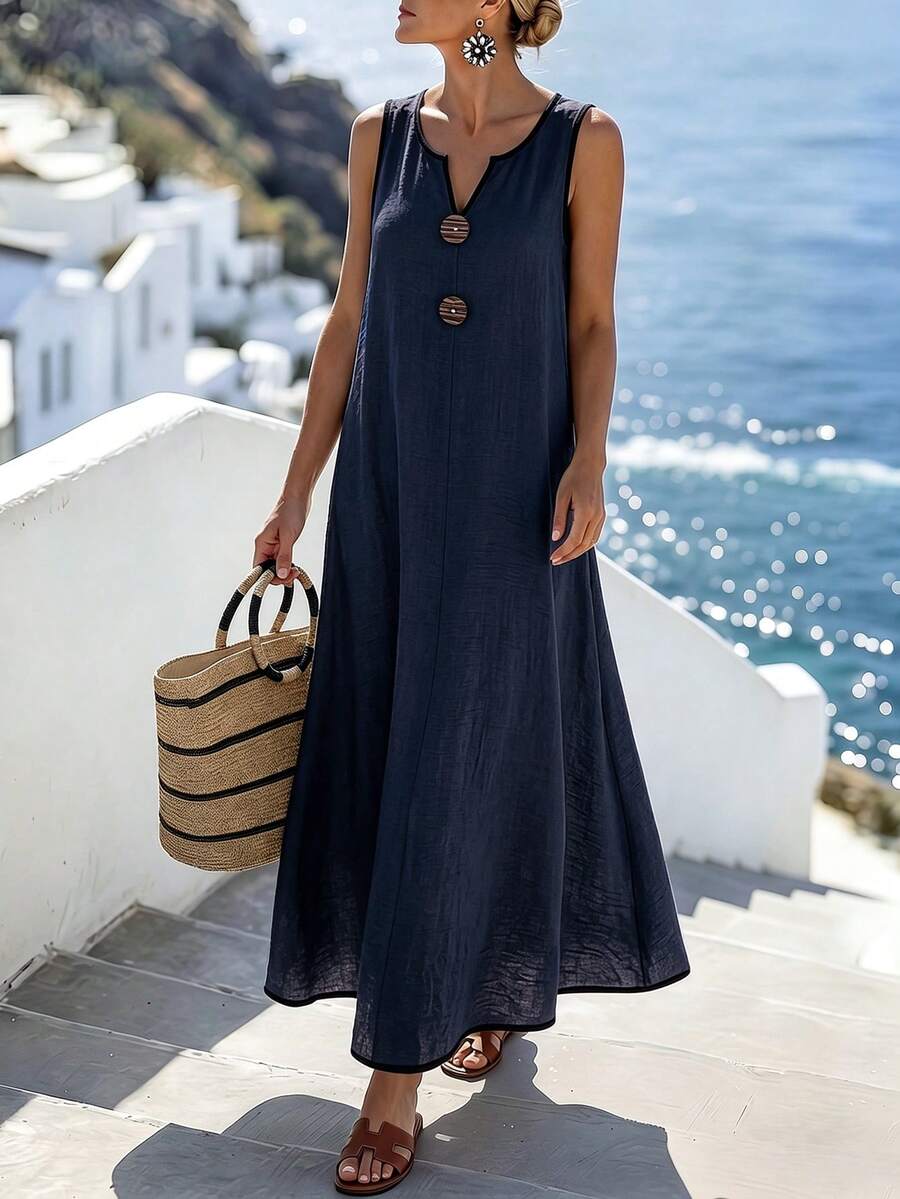 Vestido Longo Boho Sem Mangas com Decote V e Recorte Contrastante - La Lecce