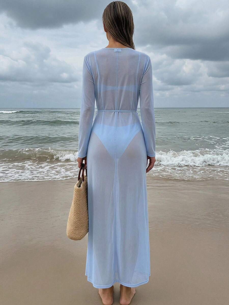 Kimono Longo Transparente com Manga Longa e Cinto