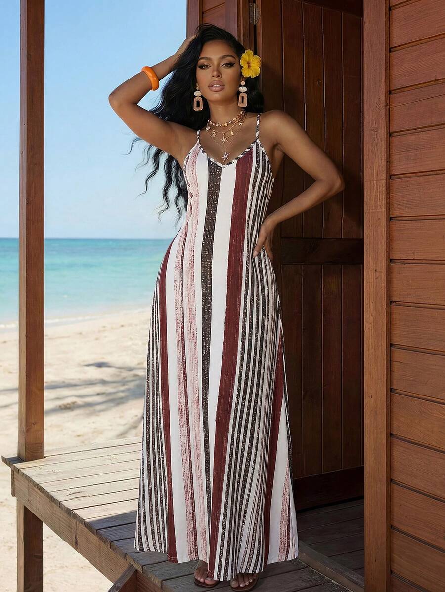 Vestido Maxi Boho de Alças com Costas Abertas e Bolsos