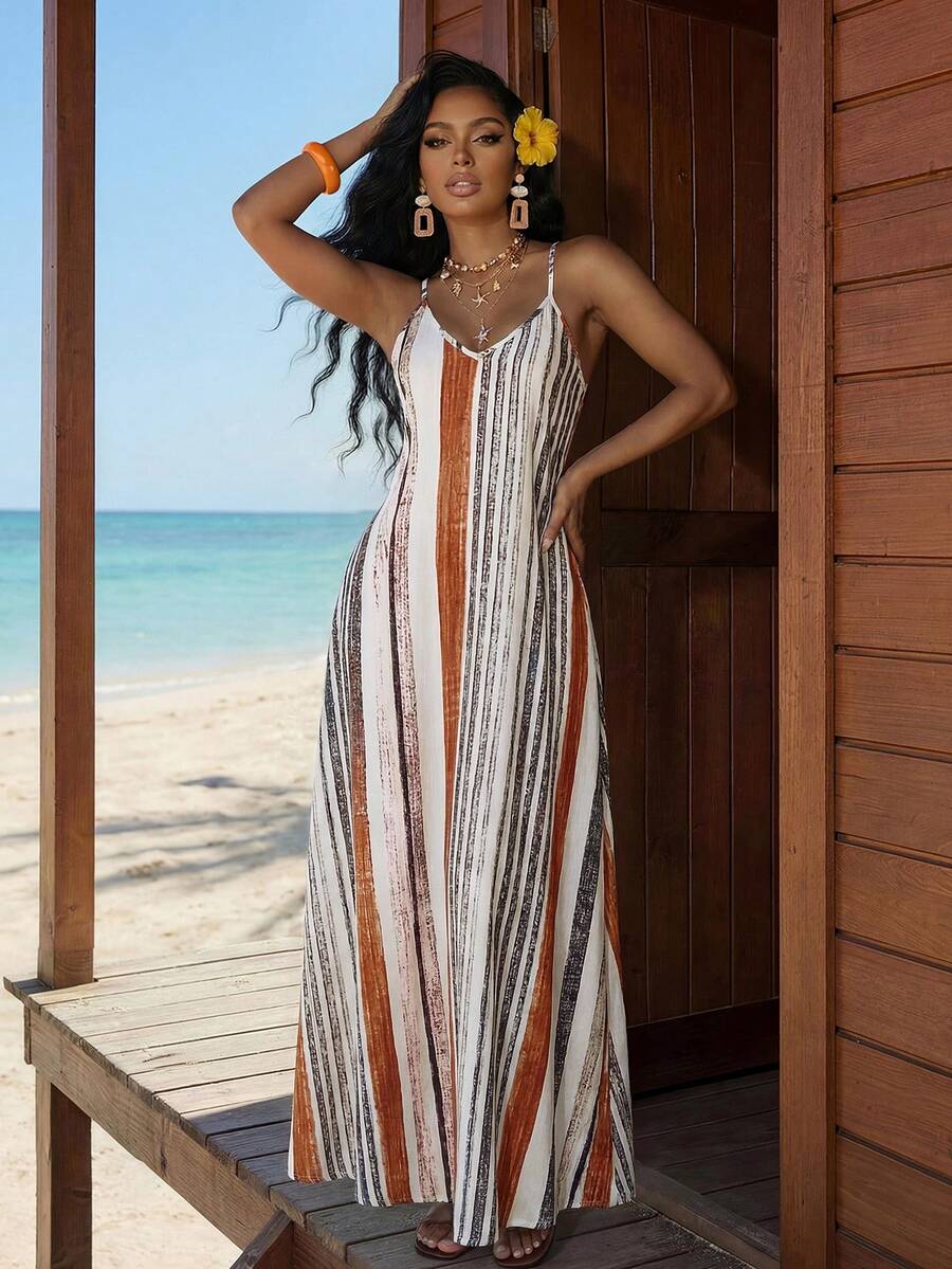 Vestido Maxi Boho de Alças com Costas Abertas e Bolsos