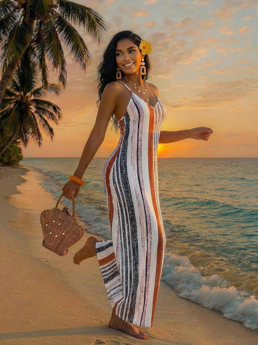 Vestido Maxi Boho de Alças com Costas Abertas e Bolsos