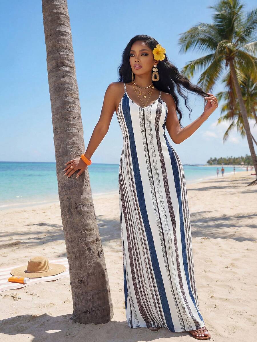 Vestido Maxi Boho de Alças com Costas Abertas e Bolsos