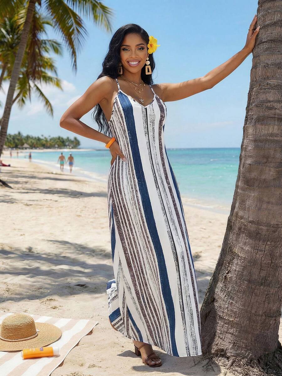 Vestido Maxi Boho de Alças com Costas Abertas e Bolsos