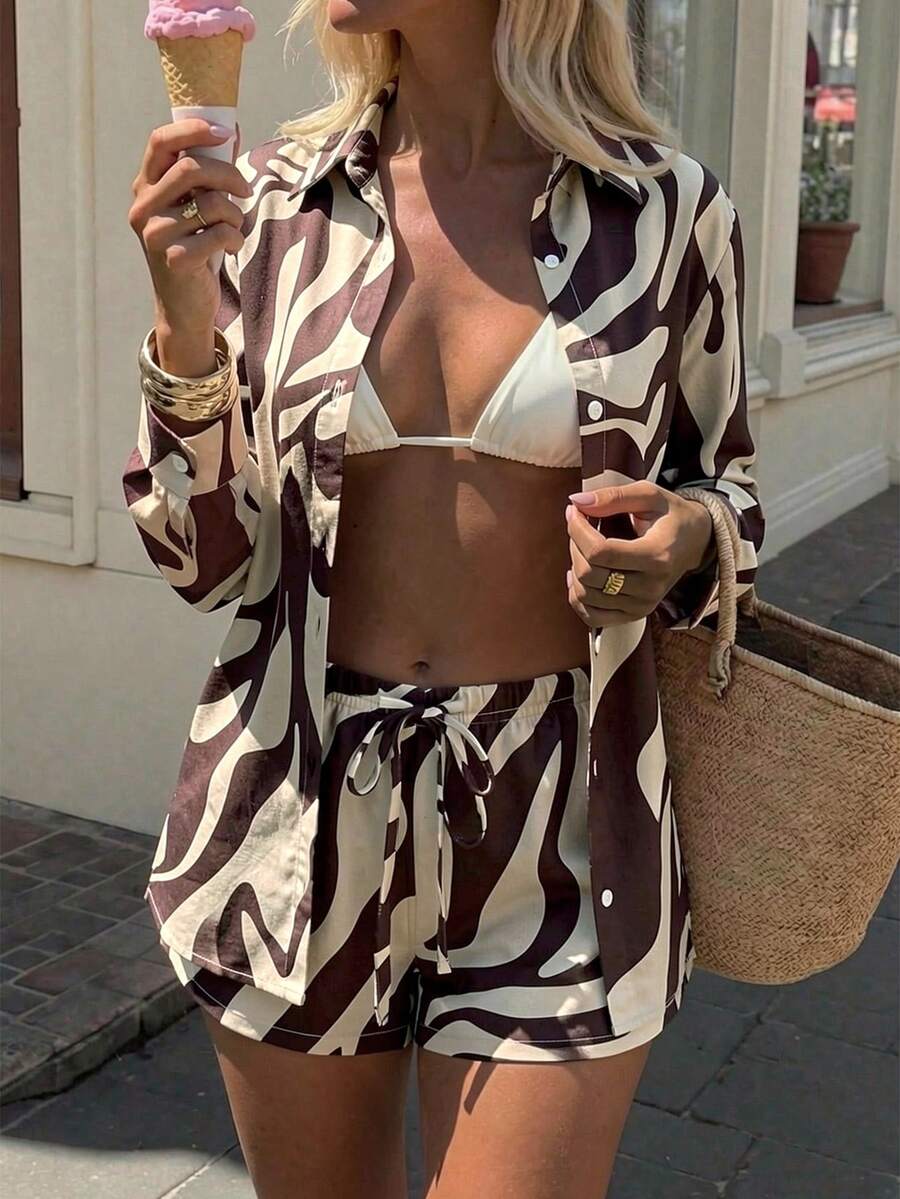 Conjunto de Praia 3 Peças com Camisa Listrada e Shorts