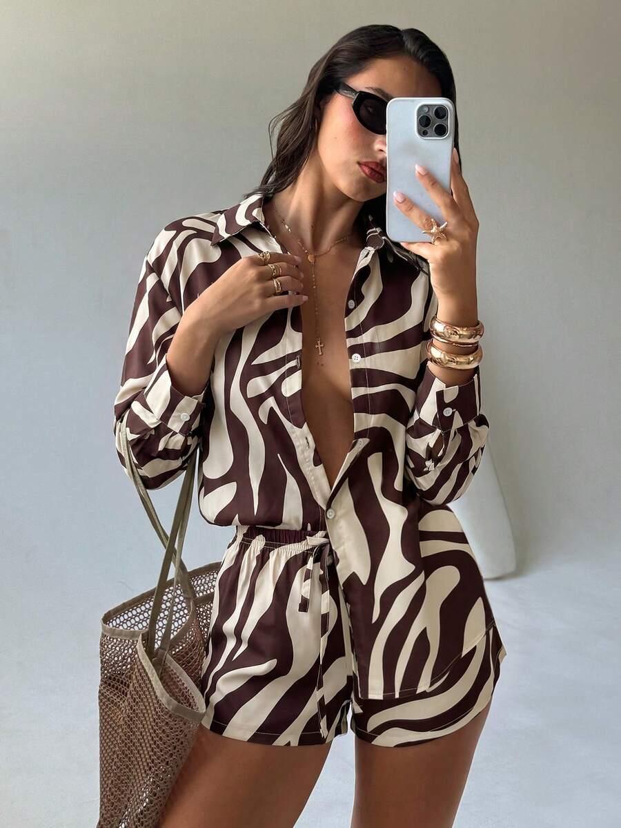 Conjunto de Praia 3 Peças com Camisa Listrada e Shorts