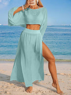 Conjunto de Praia 2 Peças com Cropped de Manga Longa e Saia com Fenda