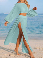 Conjunto de Praia 2 Peças com Cropped de Manga Longa e Saia com Fenda