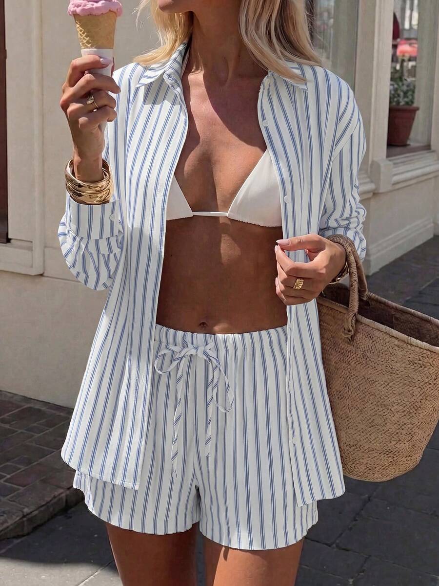 Conjunto de Praia 3 Peças com Camisa Listrada e Shorts