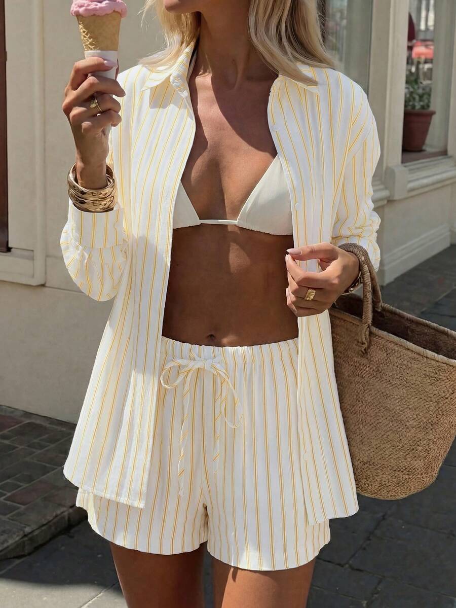 Conjunto de Praia 3 Peças com Camisa Listrada e Shorts