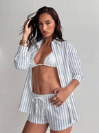 Conjunto de Praia 3 Peças com Camisa Listrada e Shorts