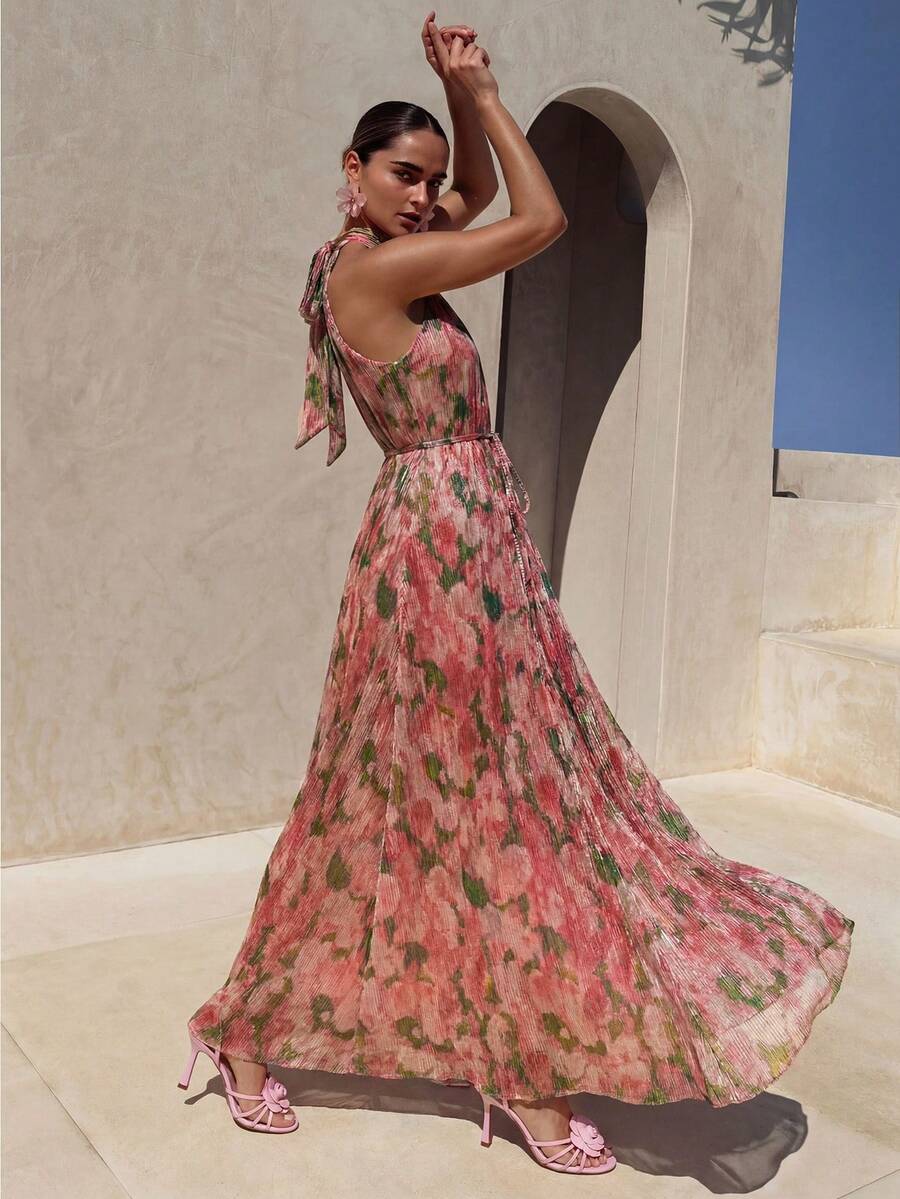 Vestido Longo Floral Frente Única com Cinto - La Lecce