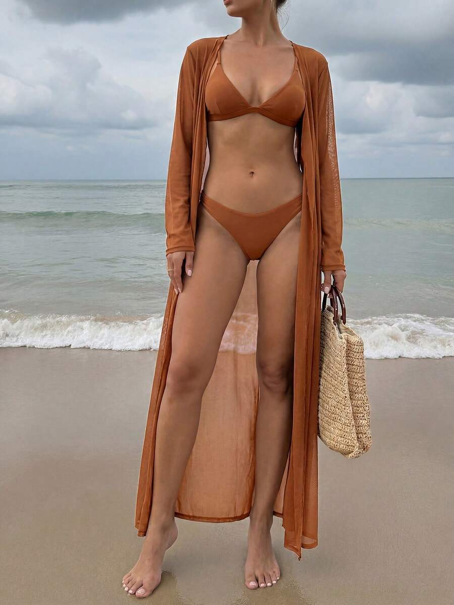 Kimono Longo Transparente com Manga Longa e Cinto