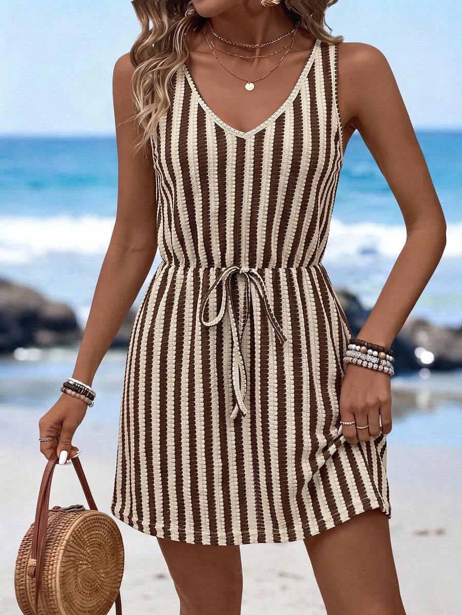 Vestido Saída de Praia Longo com Decote V e Laço Contrastante - La Lecce