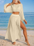 Conjunto de Praia 2 Peças com Cropped de Manga Longa e Saia com Fenda