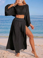 Conjunto de Praia 2 Peças com Cropped de Manga Longa e Saia com Fenda