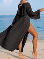 Conjunto de Praia 2 Peças com Cropped de Manga Longa e Saia com Fenda
