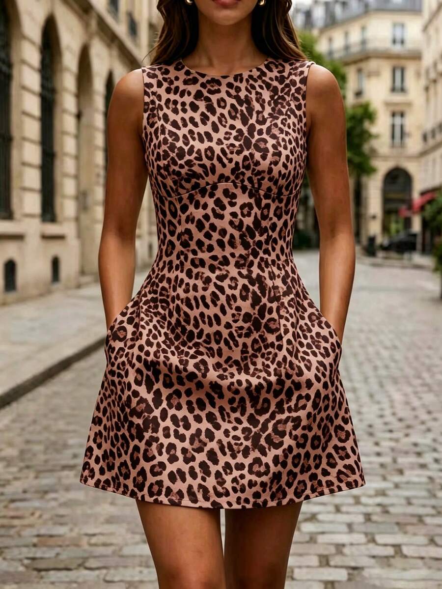 Vestido Curto Elegante com Gola Redonda e Bolsos
