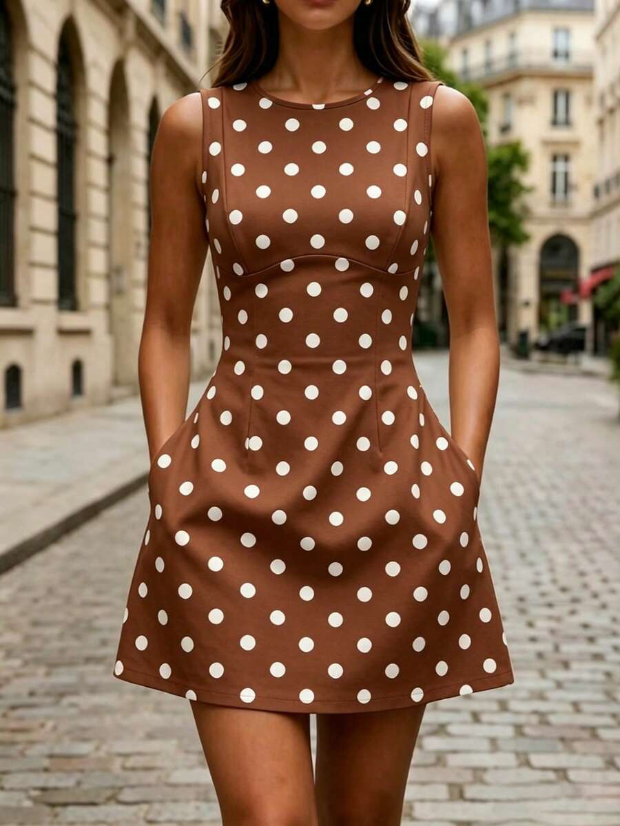 Vestido Curto Elegante com Gola Redonda e Bolsos