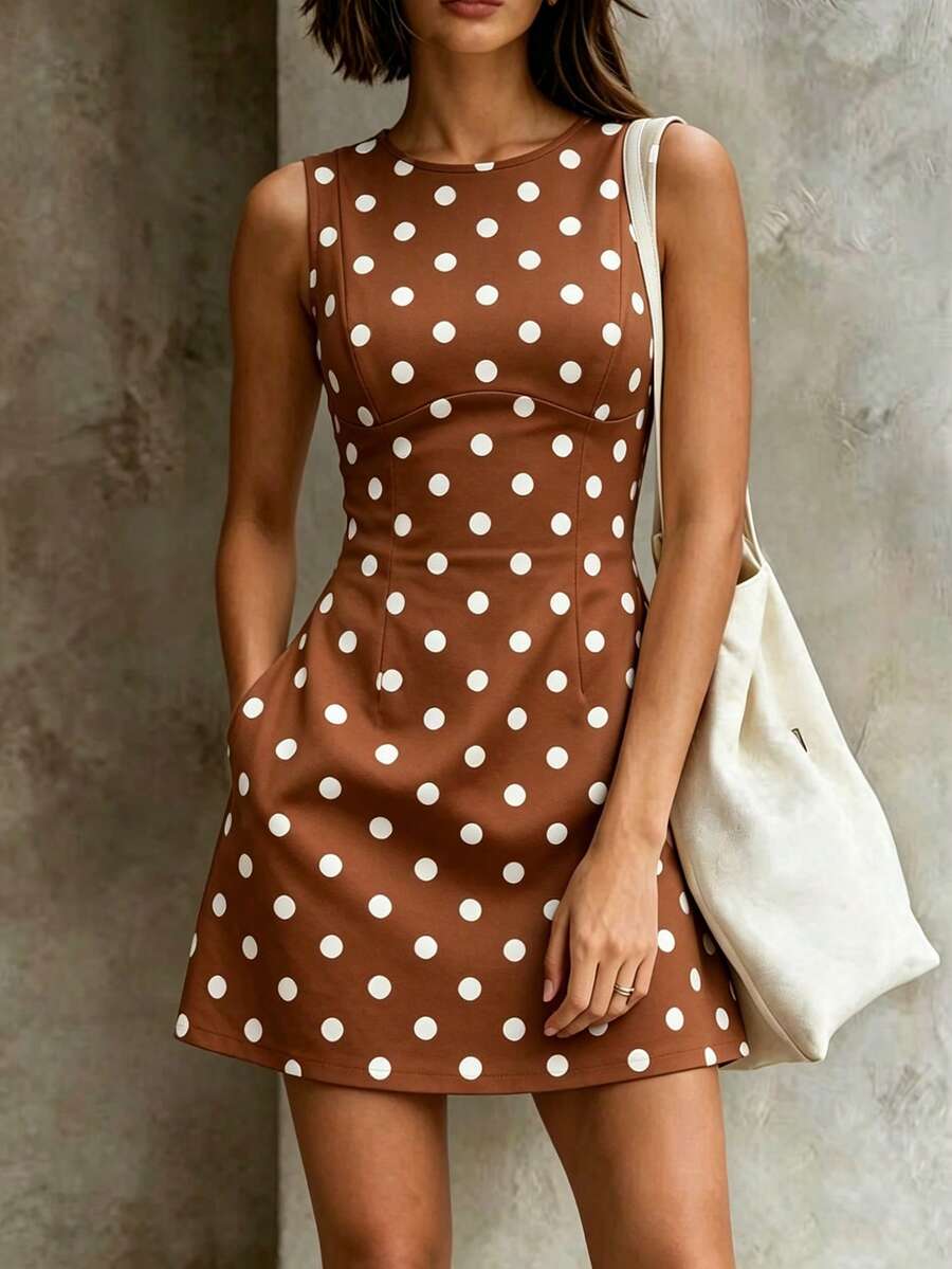 Vestido Curto Elegante com Gola Redonda e Bolsos