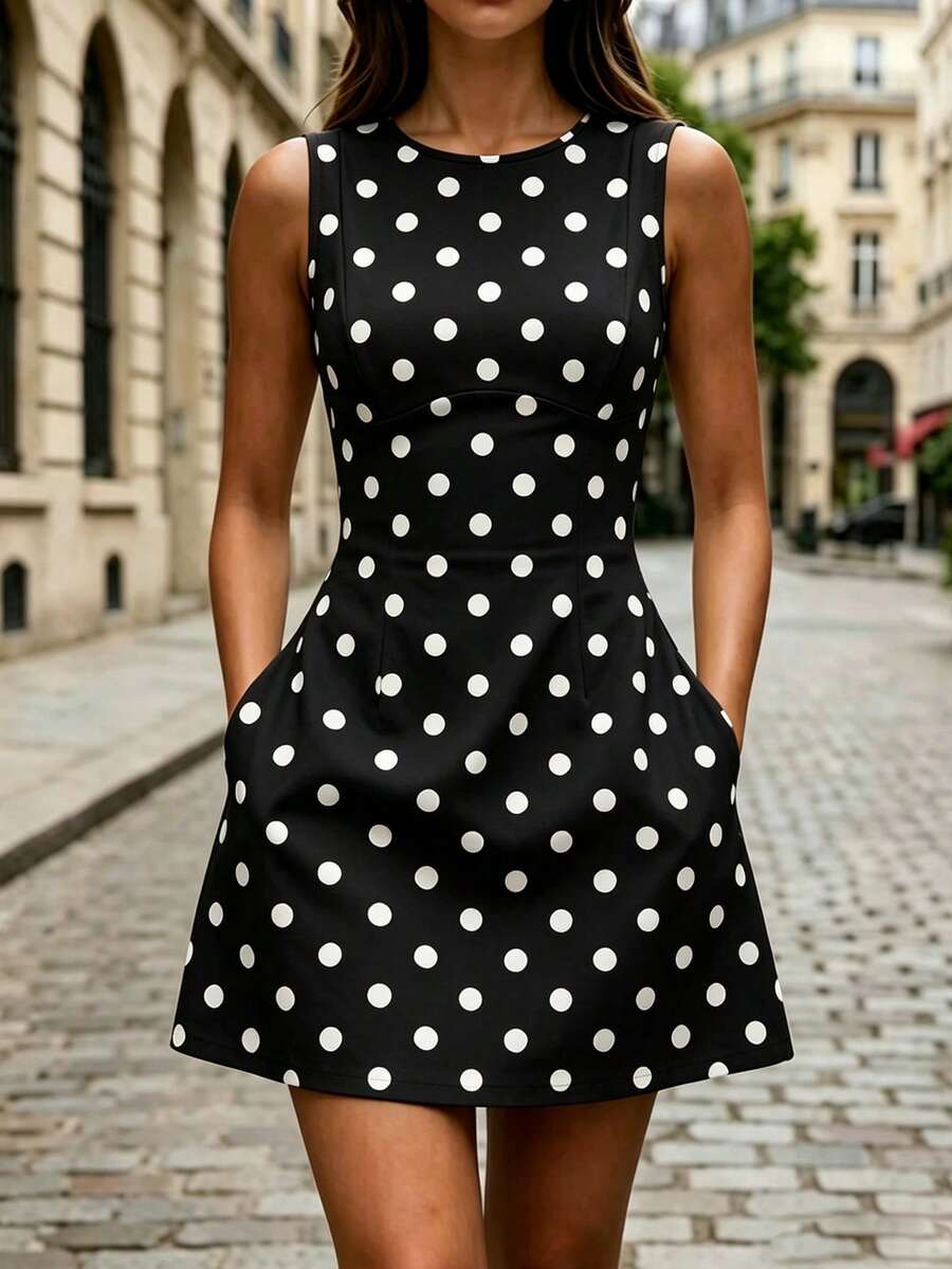 Vestido Curto Elegante com Gola Redonda e Bolsos