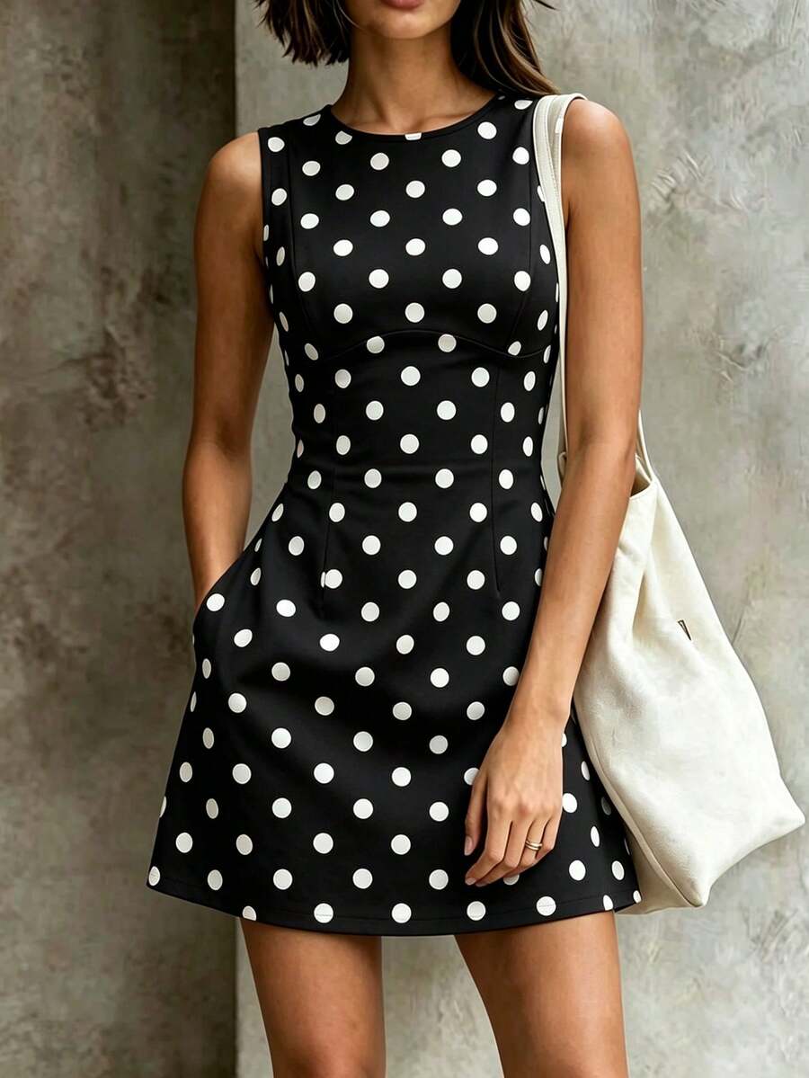 Vestido Curto Elegante com Gola Redonda e Bolsos