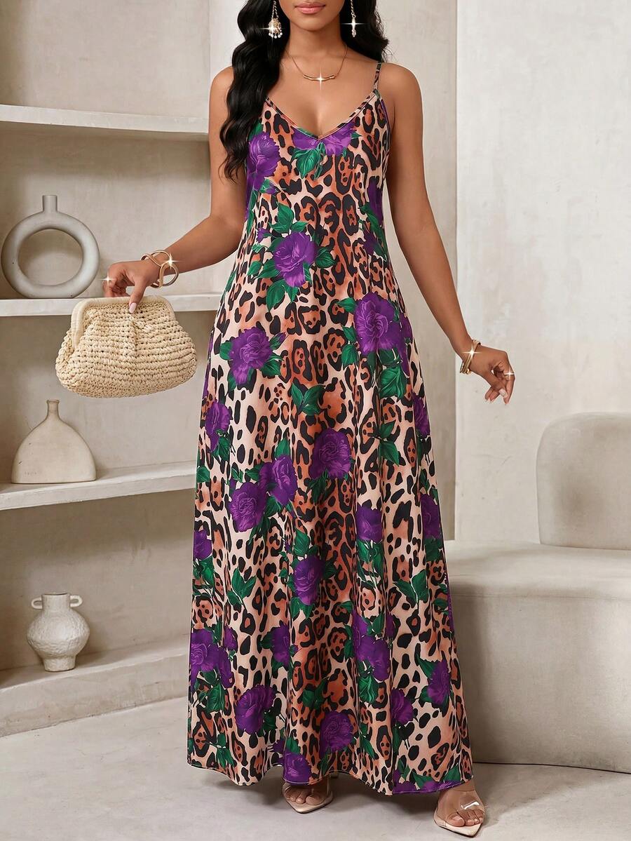 Vestido Longo Floral Decote V com Aplicação de Rosa 3D