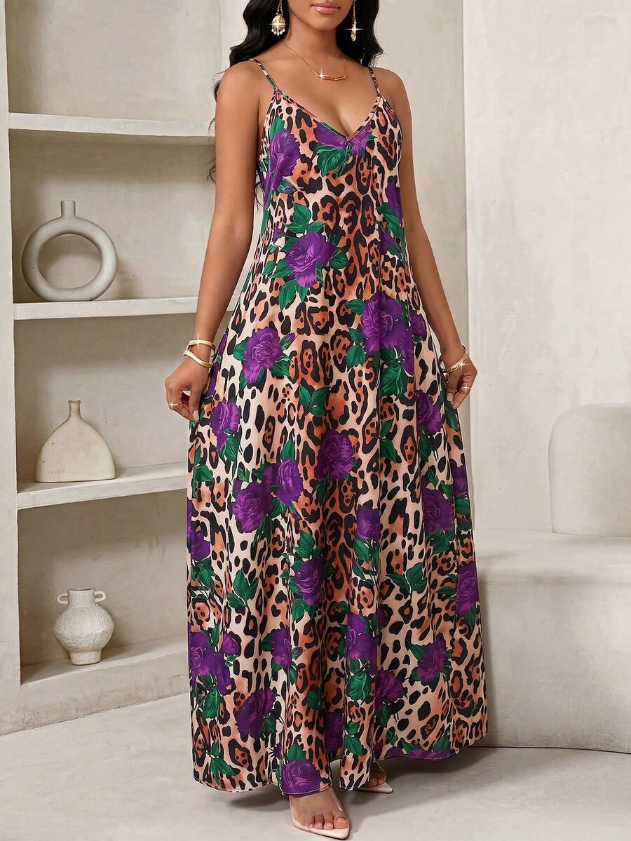 Vestido Longo Floral Decote V com Aplicação de Rosa 3D