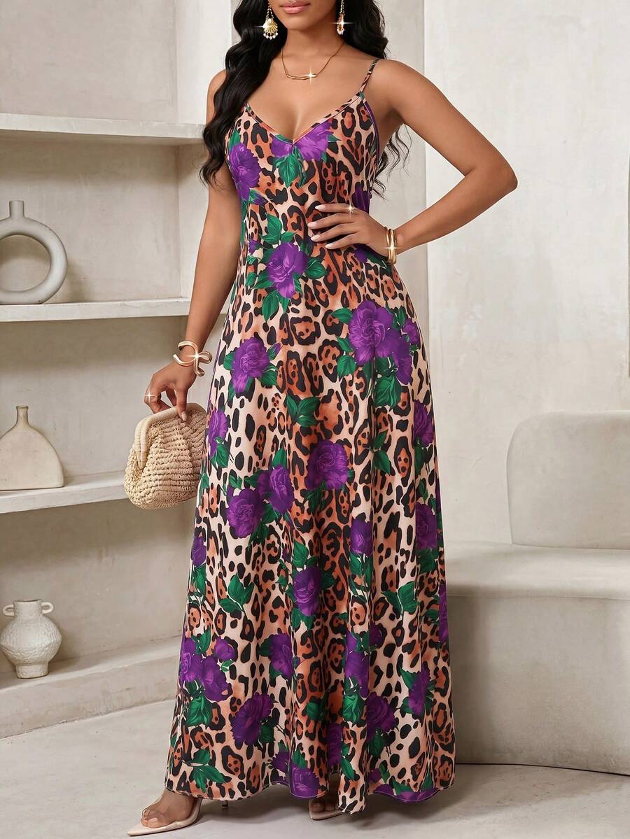 Vestido Longo Floral Decote V com Aplicação de Rosa 3D
