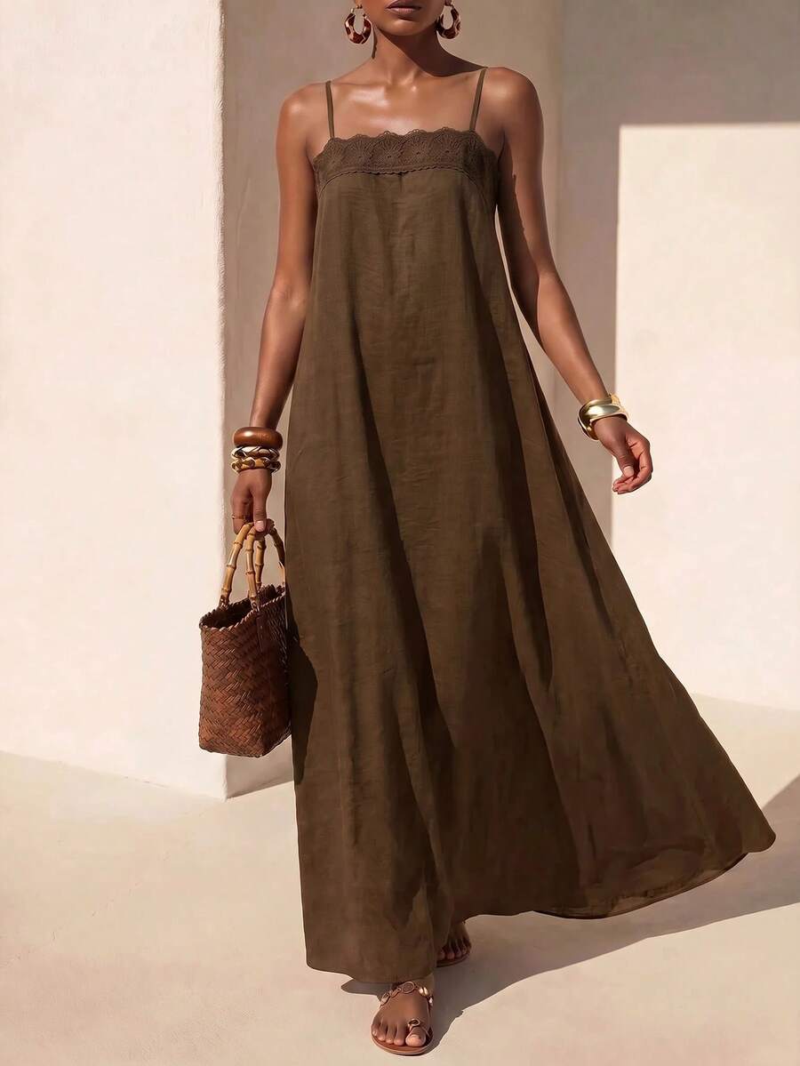 Vestido Longo Solto de Alças Finas com Babado - La Lecce