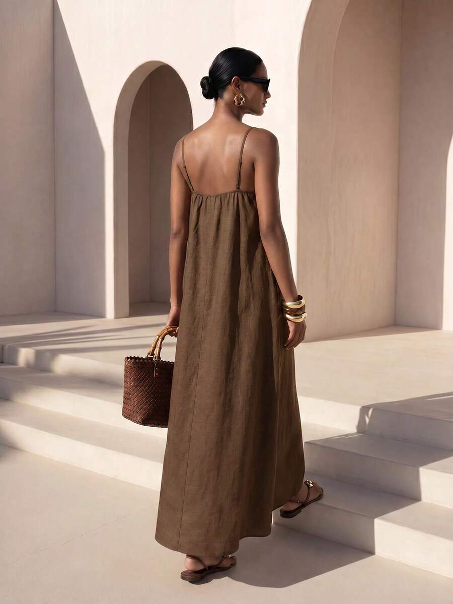 Vestido Longo Solto de Alças Finas com Babado - La Lecce