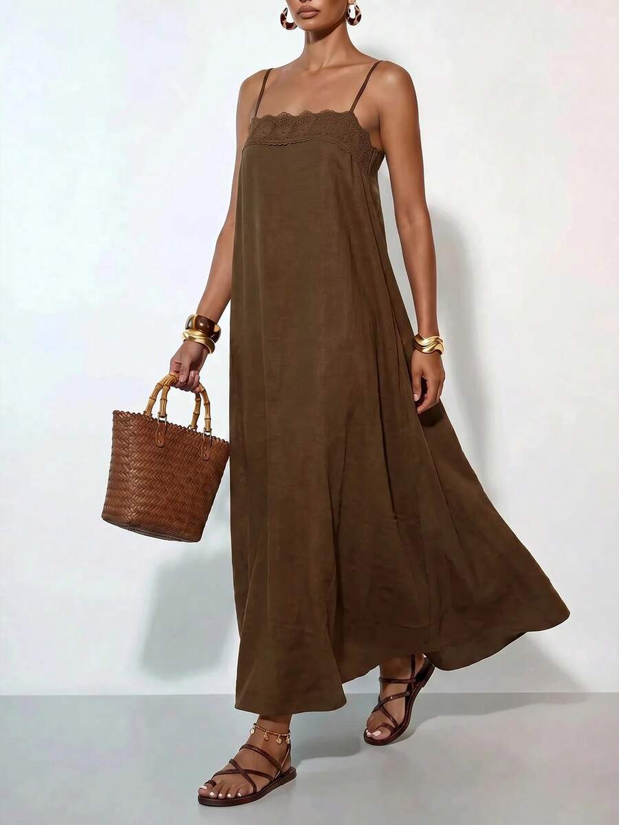 Vestido Longo Solto de Alças Finas com Babado - La Lecce