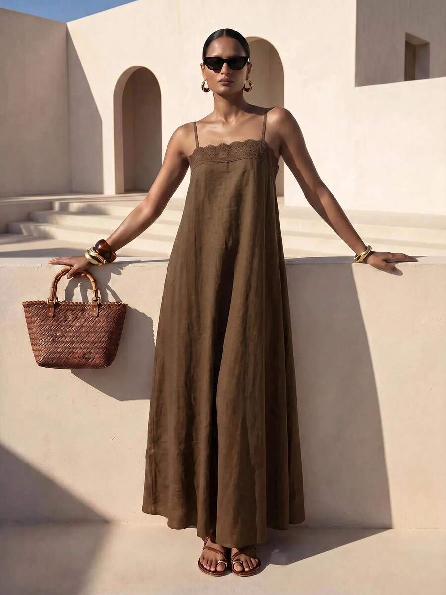 Vestido Longo Solto de Alças Finas com Babado - La Lecce
