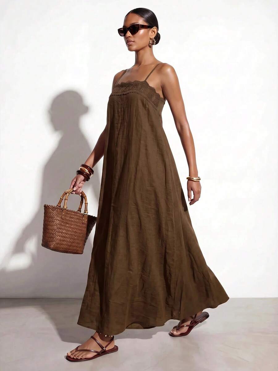 Vestido Longo Solto de Alças Finas com Babado - La Lecce