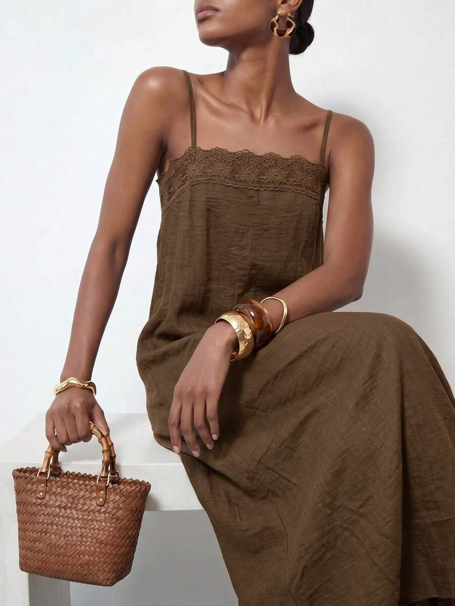 Vestido Longo Solto de Alças Finas com Babado - La Lecce