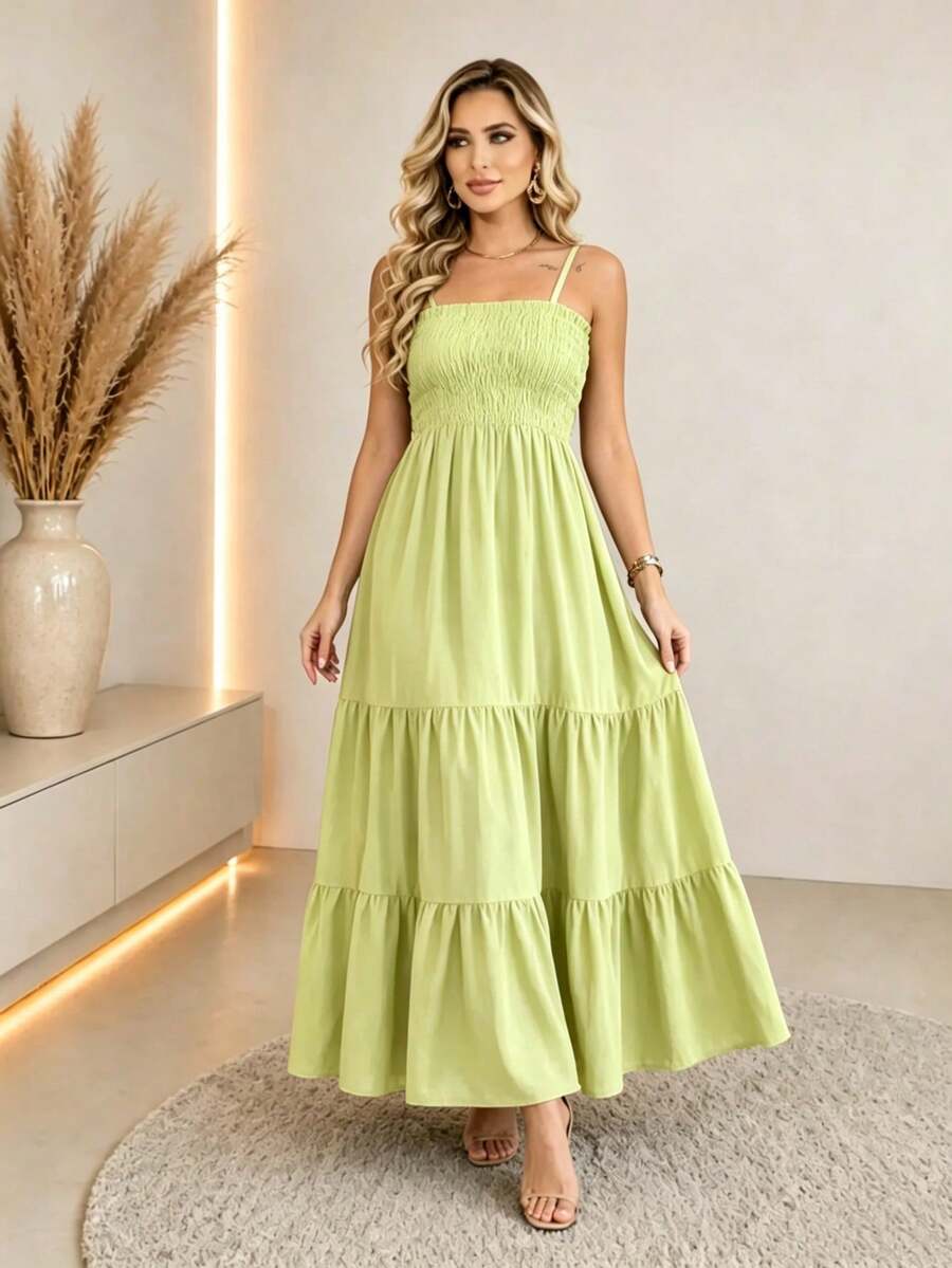 Vestido Longo Boho de Alças com Franzido em Camadas - La Lecce