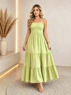 Vestido Longo Boho de Alças com Franzido em Camadas - La Lecce