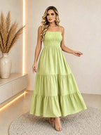 Vestido Longo Boho de Alças com Franzido em Camadas - La Lecce
