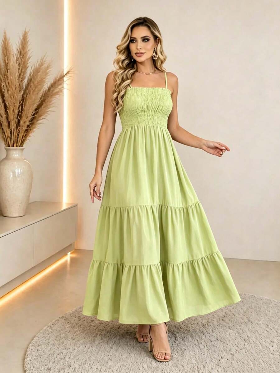 Vestido Longo Boho de Alças com Franzido em Camadas - La Lecce
