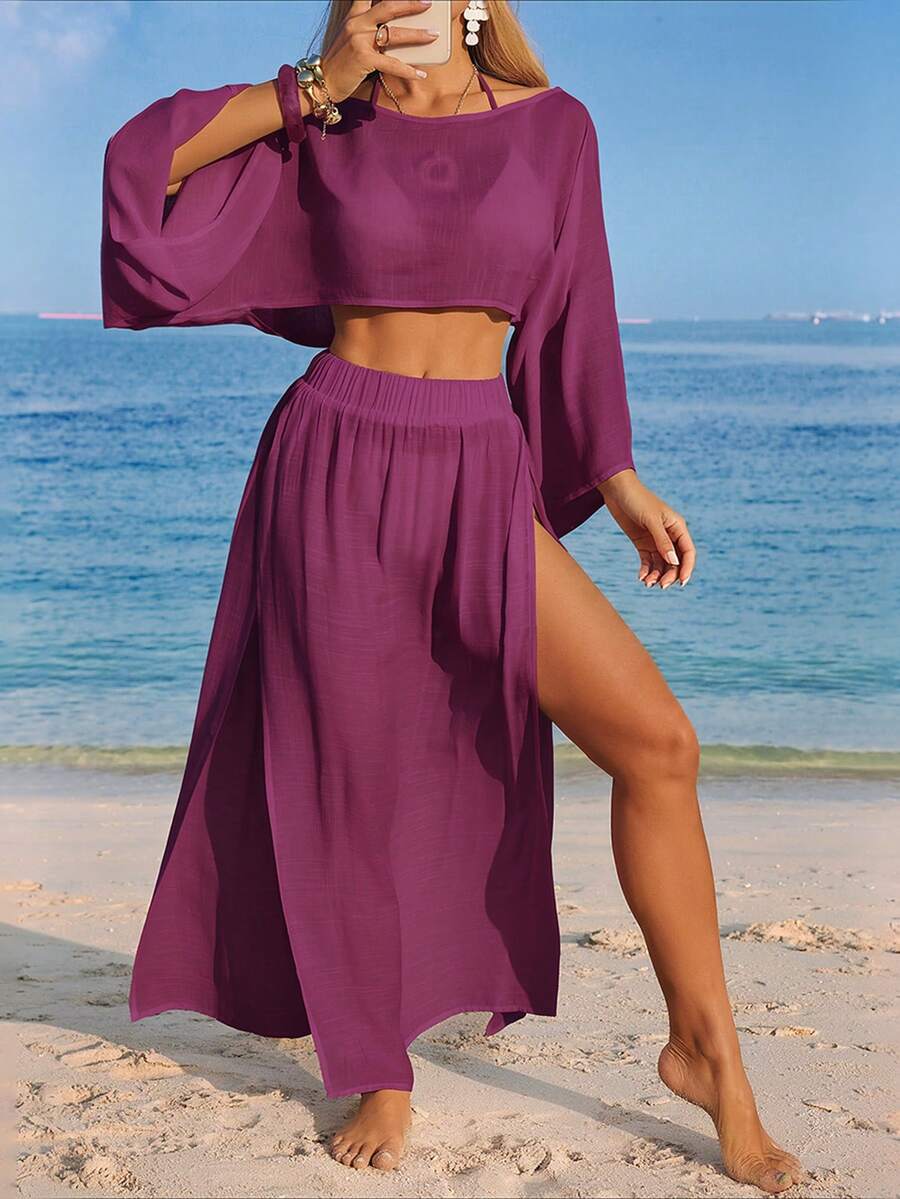 Conjunto de Praia 2 Peças com Cropped de Manga Longa e Saia com Fenda