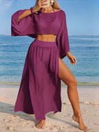 Conjunto de Praia 2 Peças com Cropped de Manga Longa e Saia com Fenda
