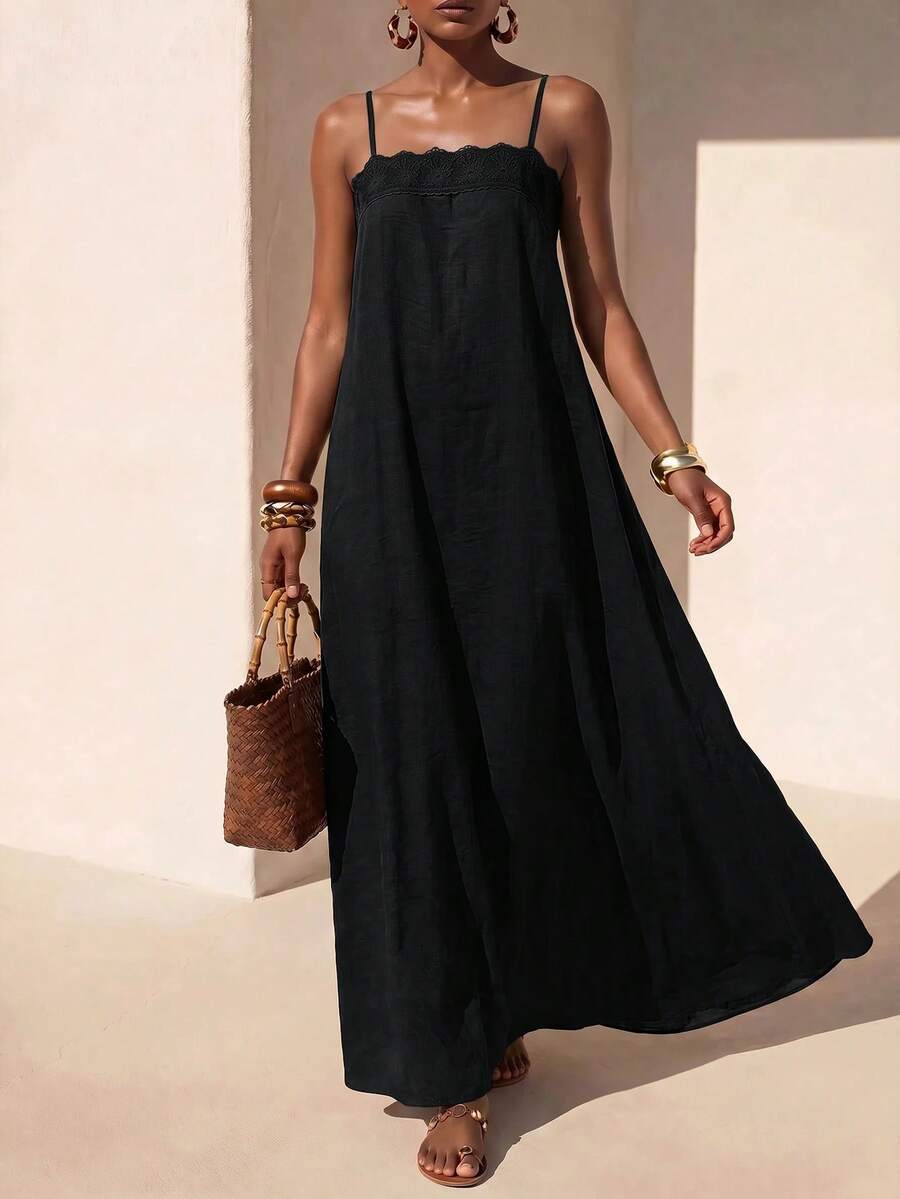 Vestido Longo Solto de Alças Finas com Babado - La Lecce