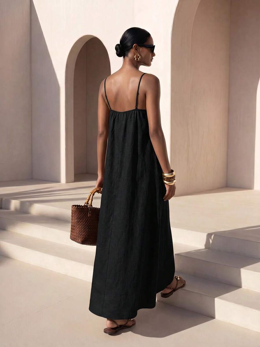 Vestido Longo Solto de Alças Finas com Babado - La Lecce