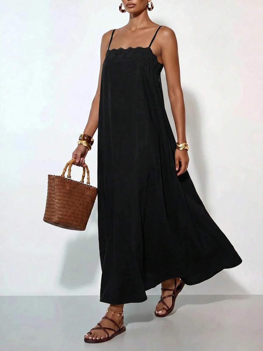 Vestido Longo Solto de Alças Finas com Babado - La Lecce