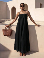 Vestido Longo Solto de Alças Finas com Babado - La Lecce
