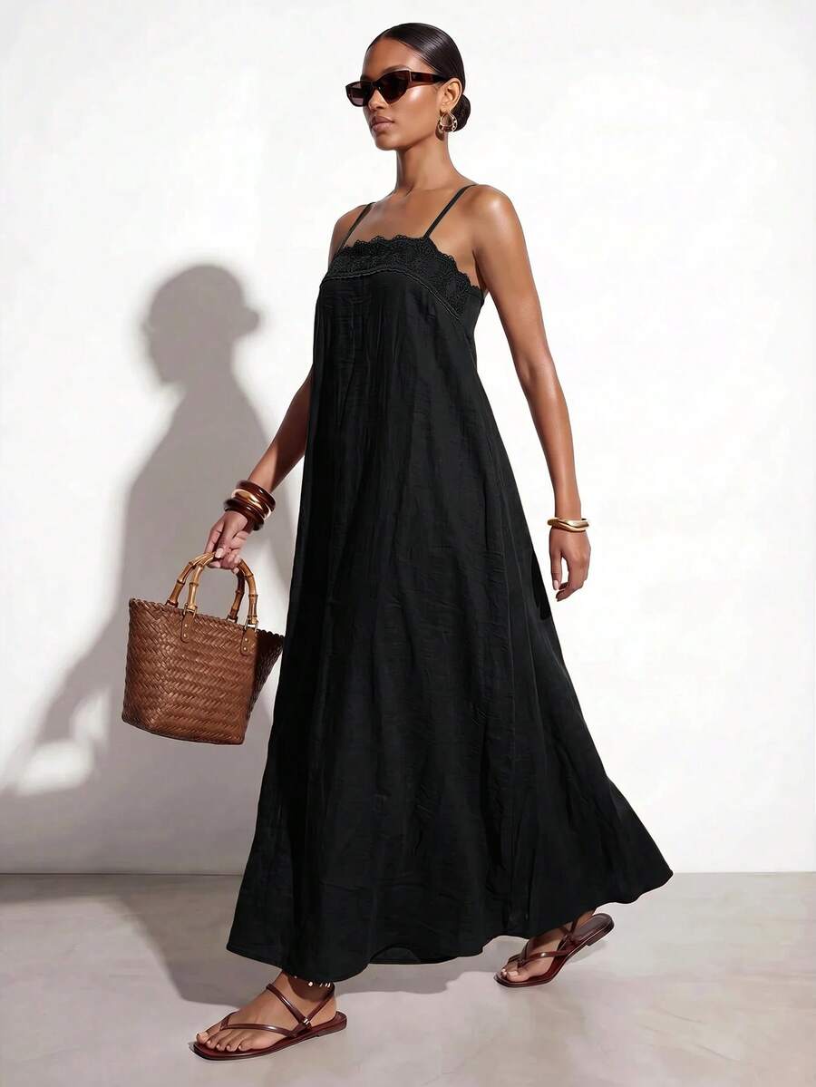 Vestido Longo Solto de Alças Finas com Babado - La Lecce