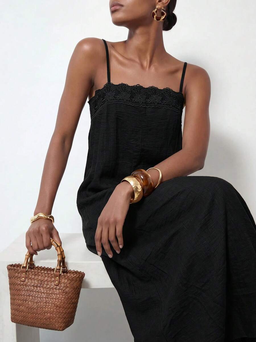 Vestido Longo Solto de Alças Finas com Babado - La Lecce