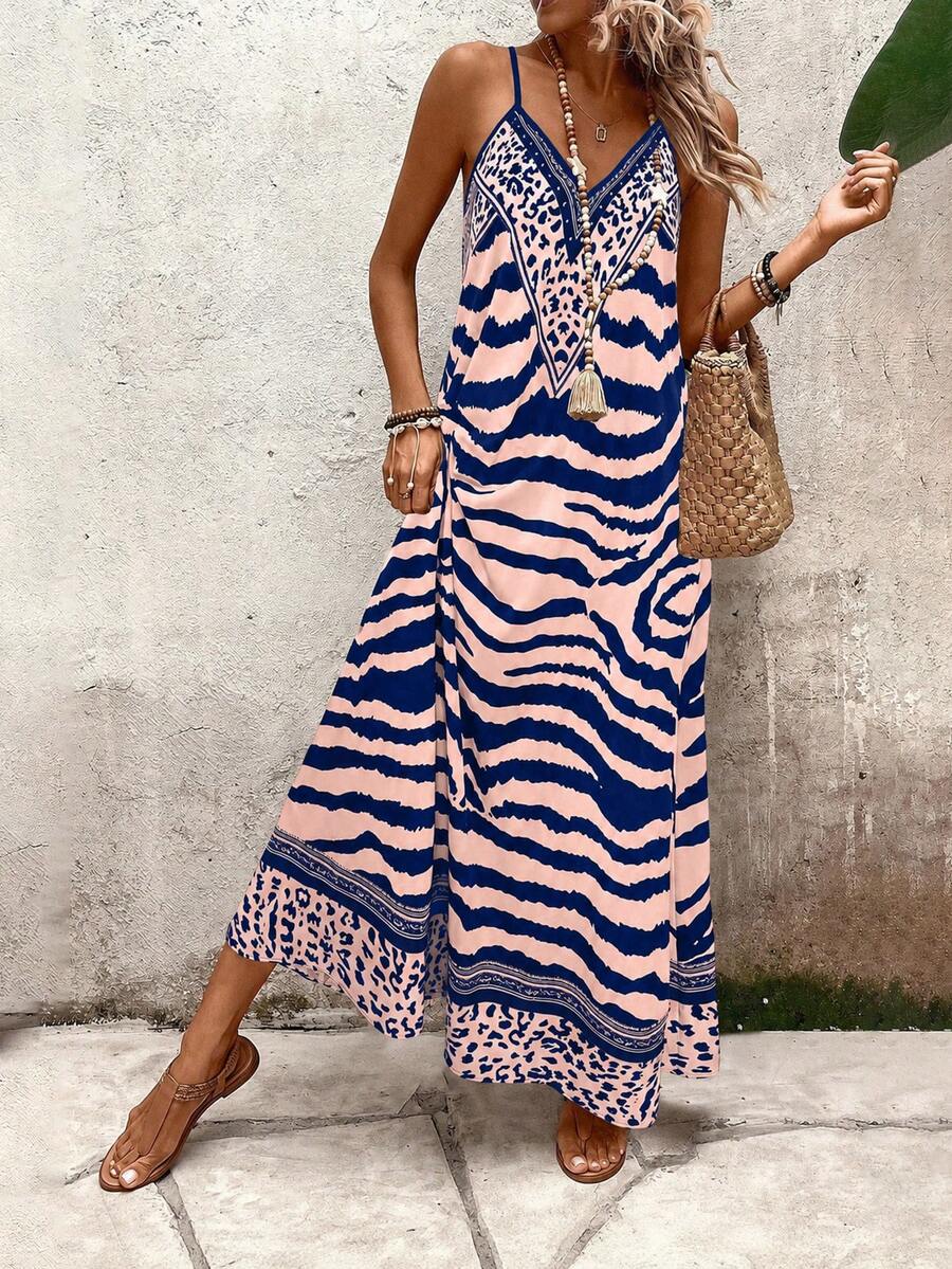 Vestido Longo Estampa de Onça com Alças Finas
