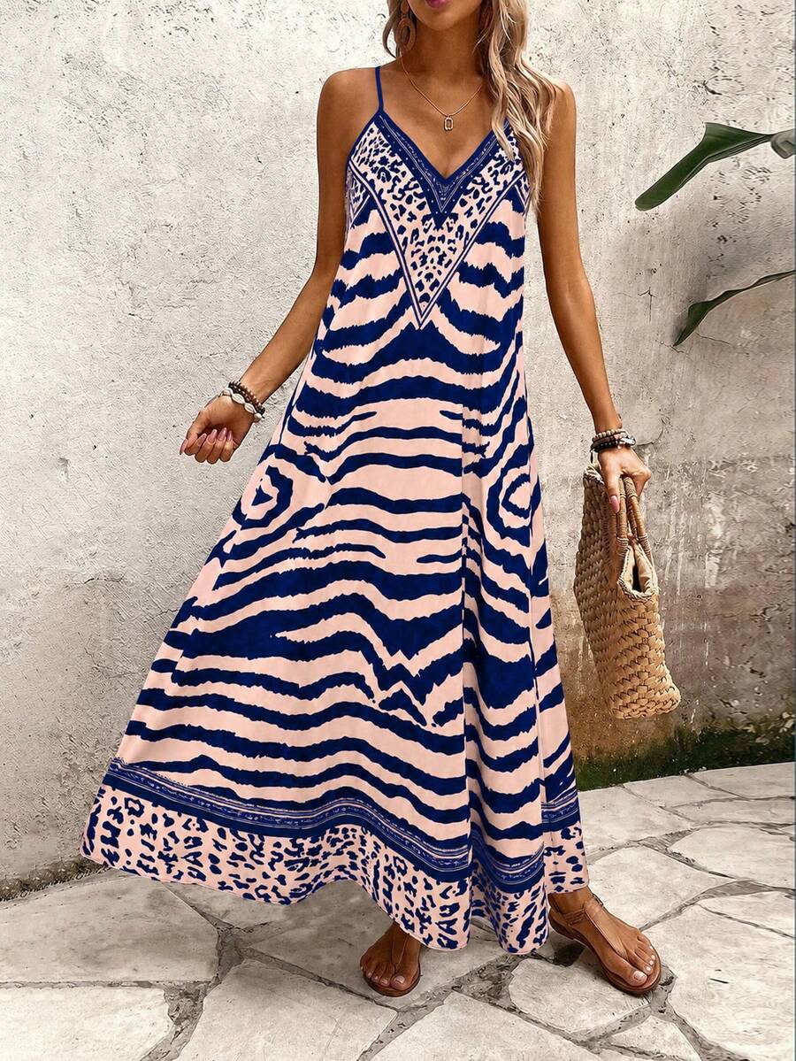 Vestido Longo Estampa de Onça com Alças Finas